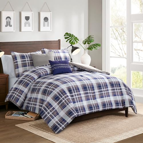 Image of Modern Threads 5-Piece Printed Comforter Set Deagan - Blue & Tan Plaid Bedding with Decorative Pillows & Shams, Soft All Season Bed Set, King