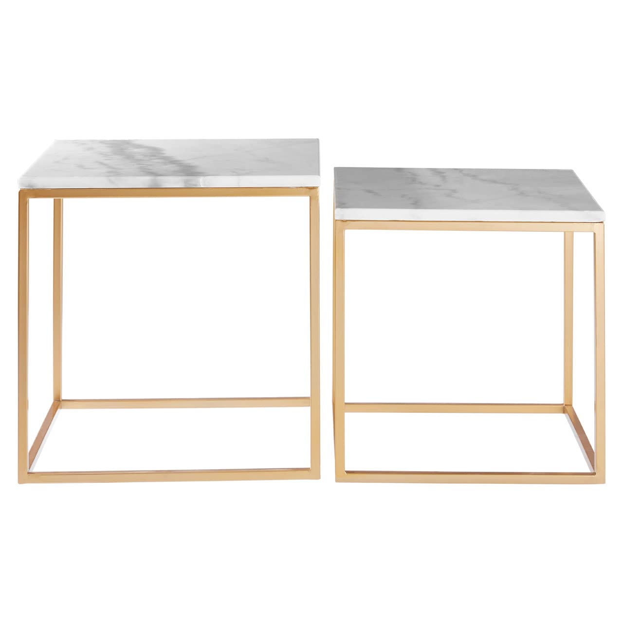 Premier Housewares Set of 2 Square Cuboid Side Tables, Lamp Tables, Warm Gold Finish, Sturdy Iron Cuboid Frame, Openframe Structure, Square White Marble Top, Dimensions are W50 x D50 x H46cm.