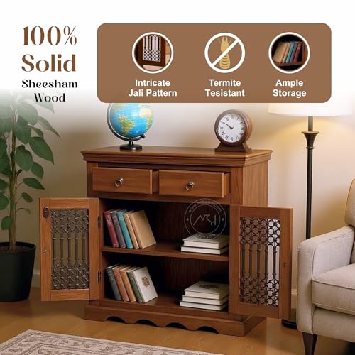 Image of NSH Solid Sheesham Wood Sideboard Storage Cabinet Unit with 2 Door and 2 Drawer Wooden Standard Multipurpose Furniture for Home Living Room Hall Office - (Teak Finish)
