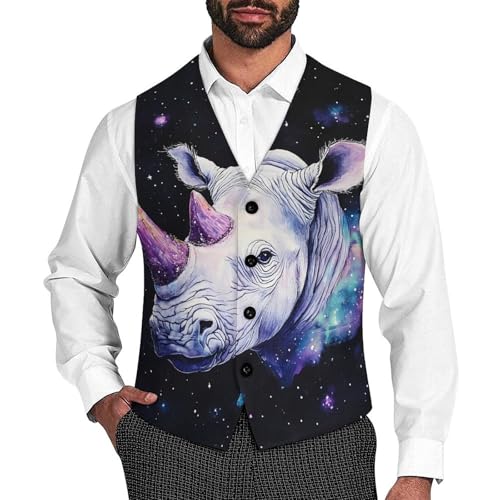 Rhino with Purple Horns Trendy Vest Suit for Men V Neck Formal Dress Waistcoat Vests Business Slim Fit