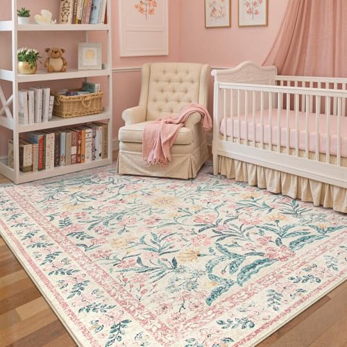 Wonnitar Pink Rugs for Nursery, 5x7 Washable Rug for Bedroom