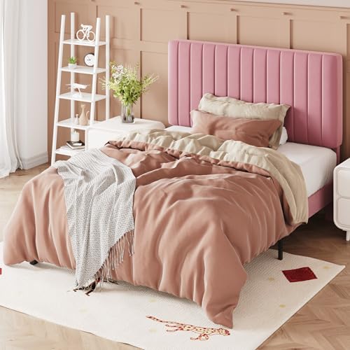 Image of Allewie Twin Bed Frame, Velvet Upholstered Platform Bed with Adjustable Vertical Channel Tufted Headboard, Mattress Foundation with Strong Wooden Slats, Box Spring Optional, Easy Assembly, Pink
