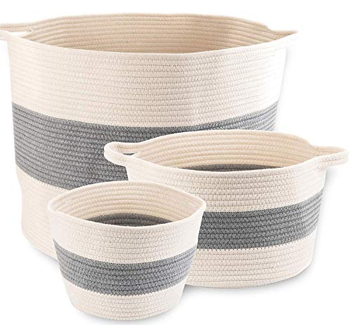 Little Hippo 3pc Large Cotton Rope Basket (21"x16") 100% Natural Cotton! Rope Basket
