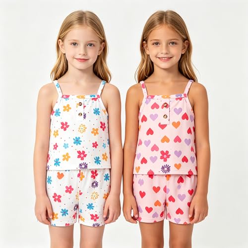 Image of Girls 8 Pieces Summer Outfits Casual Cami Tank Top and Dolphin Shorts Clothing Sets 4-8Y
