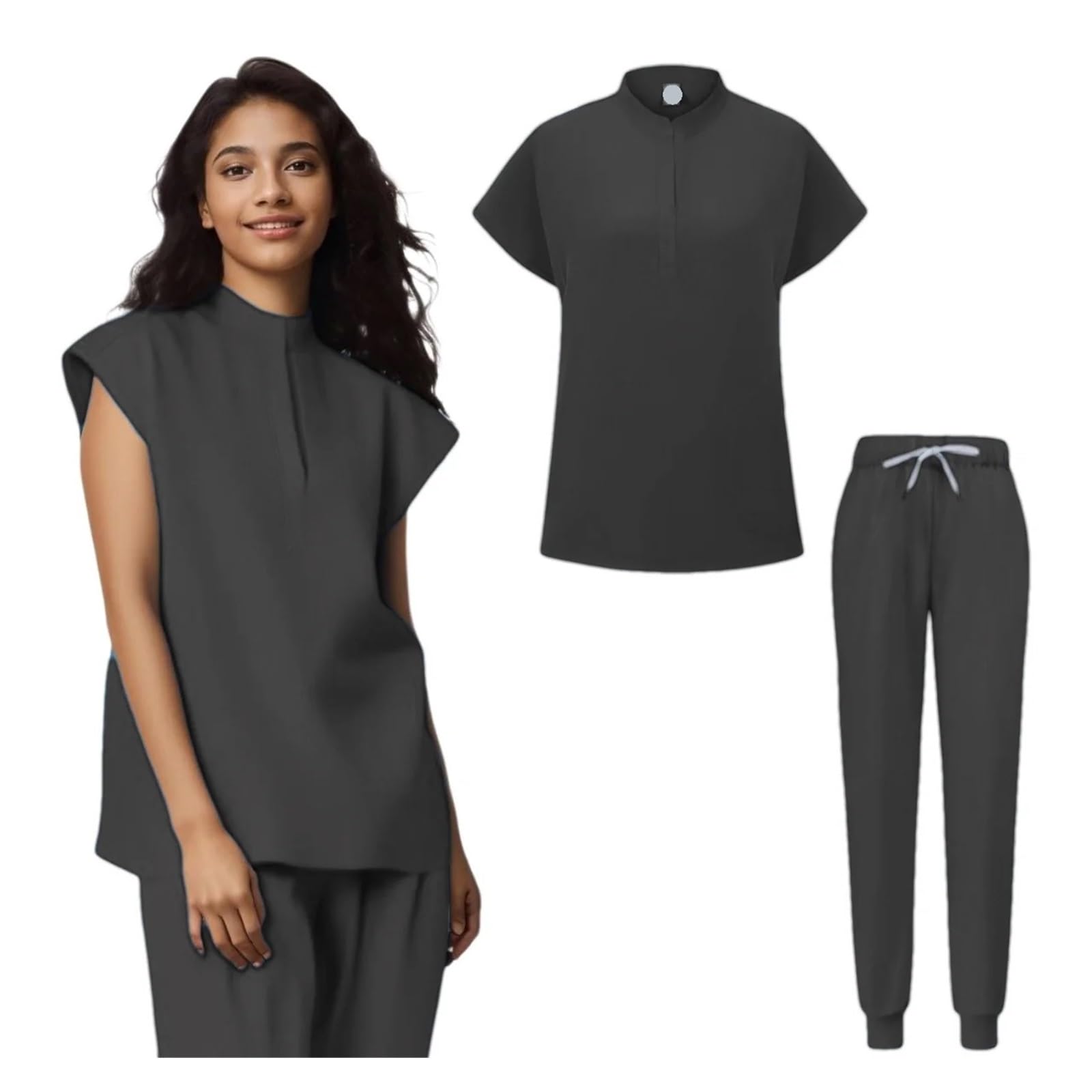 Uniformen Frauen Scrubs Sets Krankenschwester Pflege Zubehör Schönheitssalon Spa Arbeitskleidung OP-Anzug Labor Krankenhaus FüR Beauty Salon Klinik Krankenhaus(Black,L)