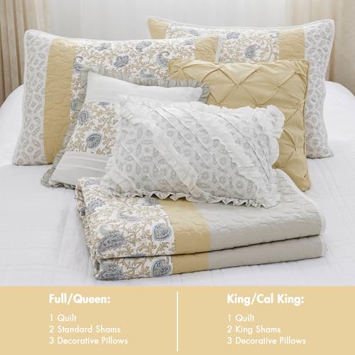 Madison Park 100% Cotton Quilt Set Floral Print, Double Sided Stitching, All Season, Lightweight Coverlet Shabby Chic Bedding Layer, Matching Shams, King/Cal King, Yellow 6 Piece by Madison Park - Image 5