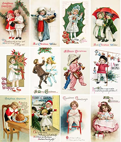 Image of PIXILUV CHILDREN AND CHRISTMAS (Pack of 12) Notecards Small Greeting Cards # Happy Children at Christmas Time ~ Vintage Christmas Postcards Reprint