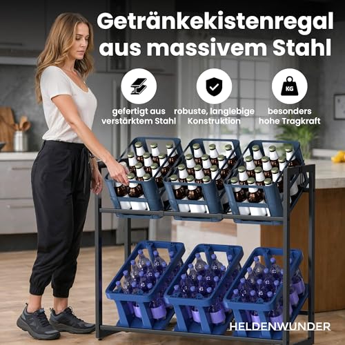 Heldenwunder Getränkekistenregal (6 Kisten) Metall 2 Haken - Höhenverstellbar, Extrem Standfest | Bierkisten-Regal Wasser-Kistenregal Getränke-Regal Weinkistenregal Getränkekisten Flaschenregal