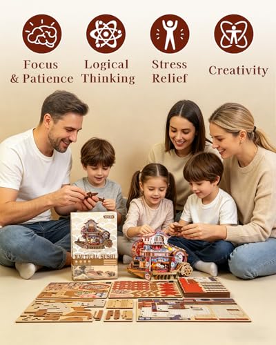 Nautical Sushi 3D Puzzles for Adults, 425PCS Wooden Mechanical Model Building Kit with Music and Lights, Miniature House Kit, Unique Home Decor Craft Gifts for Christmas Birthday Father's Day - Image 6