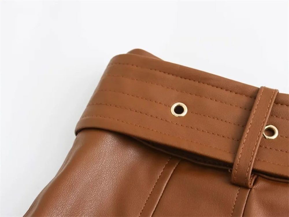 SWEPER Jupe Courte Femme - Mini Jupe Plissée en Cuir pour Femmes, Rétro Américain avec Ceinture, Slim, Ligne A, Couleur Unie, Au-Dessus du Genou, Hiver