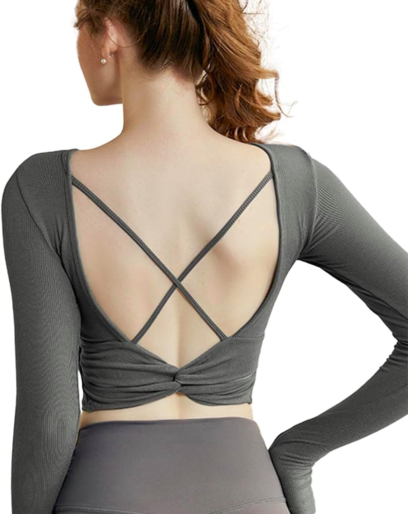 クロスバック長袖ヨガウェア ブラック クロスバック長袖ヨガウェア ブラック バッククロス パッド付き 長袖