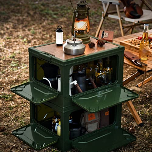 banapoy Faltbare Aufbewahrungsbox, 50L Kunststoff-Aufbewahrungsbehälter, Zusammenklappbare Aufbewahrungsbox mit Holzdeckeln, Multidirektional Offen, Schrank-Organizer-Behälter für Camping (OD-Grün)