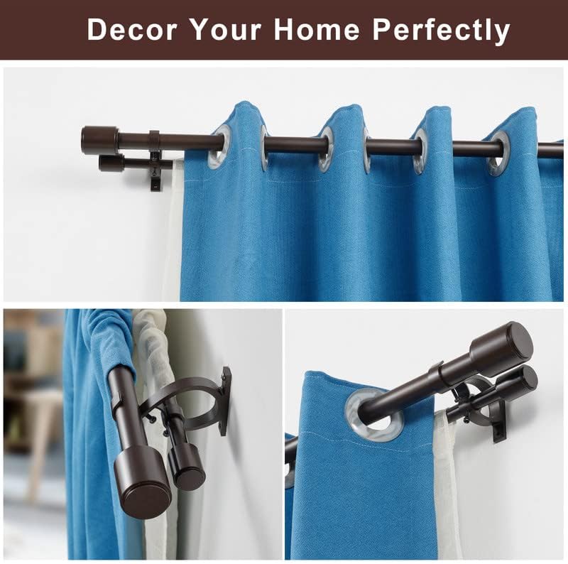 Condition photo showing New/Like New for double curtain rods for windows 72-144", double drapery rod bronze double window rods, decorative curtain rods with cap finials, 1 inch front and 5/8 inch diameter back adjustable dual curtain rod bronze 72-144"