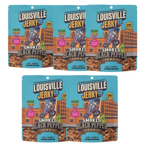 Image of Louisville Jerky Co. Smoked Black Pepper Vegan Jerky, 3 oz, 5-Pack | 5g Protein, Plant-Based Protein Snack, Vegetarian Jerky, Meatless, Savory, Ready-to-Eat, Vegan Beef Alternative, Travel Ready