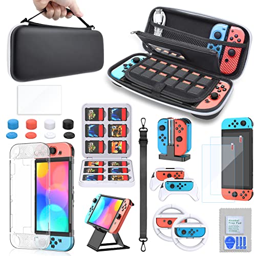 Image of Carrying Case & Accessories Bundle Kit for Nintendo Switch OLED 2021 Model with Charging Dock, 3in1 Protective Case, Screen Protector, Racing Steering Wheel Grip, Handle Grip, Thumbstick Cap&PlayStand