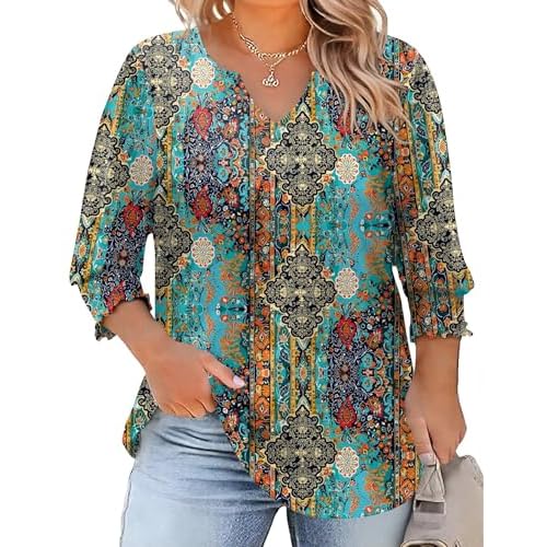 Rapbin Womens Plus Size Tops 3/4 Sleeve Blouses Shirts Casual V Neck Loose Tunic Tops 1X-5X X-Large Boho Blue Printed