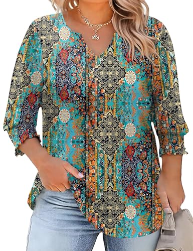 Rapbin Womens Plus Size Tops 3/4 Sleeve Blouses Shirts Casual V Neck Loose Tunic Tops 1X-5X