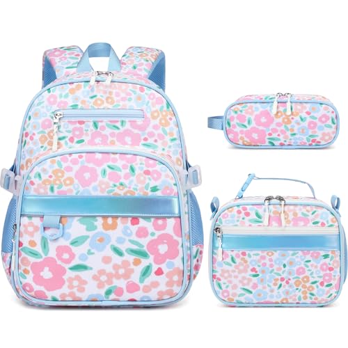 Similove Toddler Backpack for Girls Ages 5-8 3PCS Girls Backpack with Lunch Bag & Pencil Case - 15inch Kids School Bookbag for Preschool Kindergarten Elementary School (Flowers)