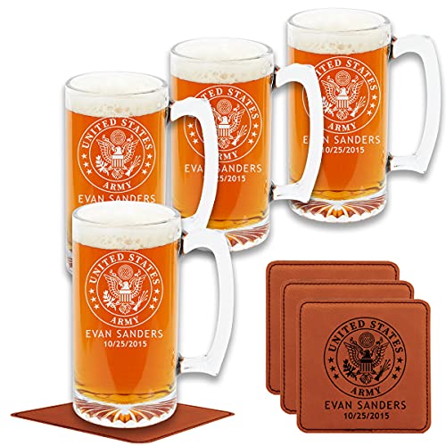 Custom Military Beer Glass Set - 4 Personalized 16 oz. Glasses for Army, Navy, Air Force & Coast Guard - Great for Active & Retired Service Members
