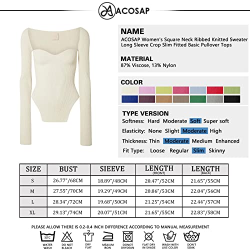 Acosap Women's Square Neck Ribbed Knitted Sweater Long Sleeve Crop Slim Fitted Basic Pullover Tops White #TOP4