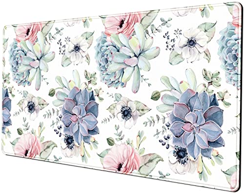 Tapis de bureau, grand tapis de souris de jeu - Base en caoutchouc stable avec bords cousus - Tapis de souris pour clavier pour travail, jeu, bureau, maison, motif plantes grasses à l’aquarelle