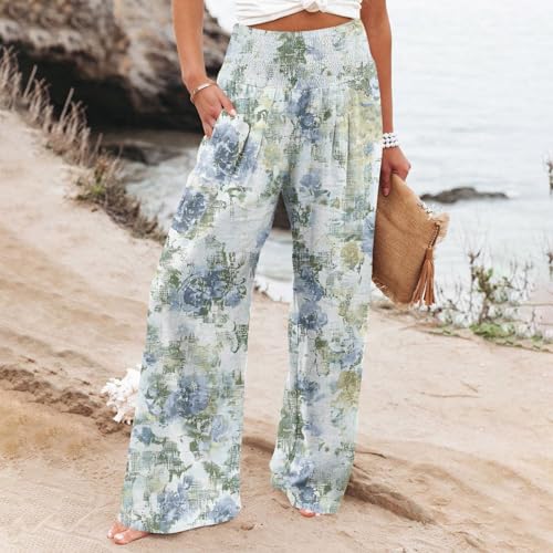 Pants for Women Floral Stretch High Waisted Flowy Pants Smocked Waist Summer Wide Leg Baggy Trouser Ruched Pocket 20252
