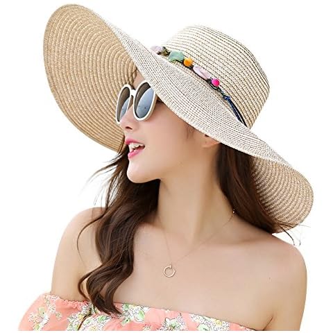DAYNECETY Ladies Summer Hat Sun Hat Floppy Straw Beach Vacation Hat (Khaki) Cover