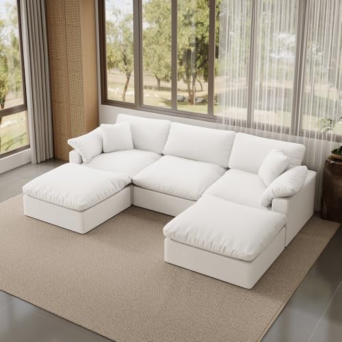 Image of Modular Sectional Sofa,Extra Comfty Deep-Seat-Filled Couch,White 5 Seat U Shape Sofas with Movable Ottoman,Modern Couches for Living Room, Apartment,Office,Small Space