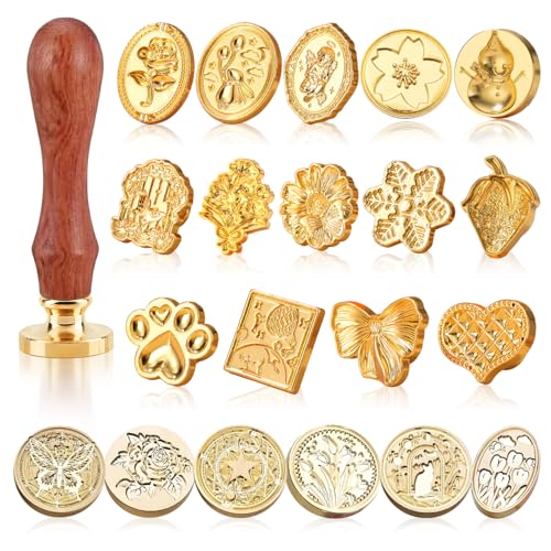 21 Piezas Set de Lacre Metálicos Kit de Sellos de Lacre Vintage con Cabezas de Sellos Desmontables y Mango de Madera para Invitaciones de Boda Cartas Decoración de Regalos y Álbum de Recortes DIY