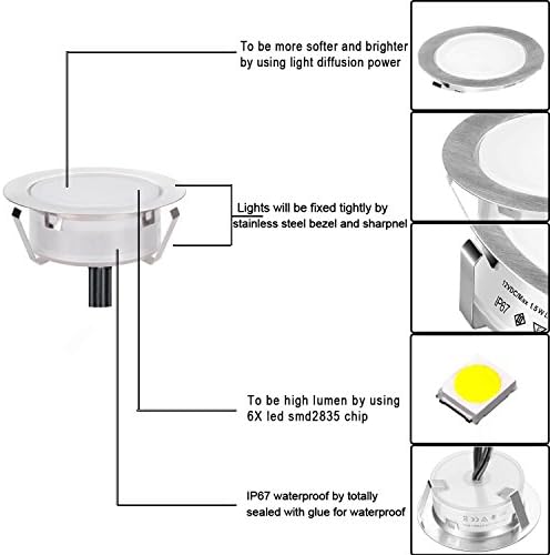 SMY Lighting Recessed LED Deck Lights Kit, 6 Pack, Modern, Waterproof, 9W, 12V, Silver, White Light, Outdoor, Deck, Garden, Yard, Stair, Patio, Kitchen