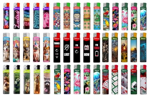 Mechero Electrónico Recargable con Llama Ajustable - Juego de 50 mecheros de Diseños y Colores Variados, Se sirven Juegos 5 Dibujos Aletorios por 10 Unidades de Cada (50 Unds).