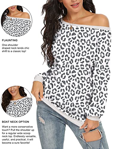 Jinkesi Women's Casual Long Sleeve Color Block Round Neck Loose Fit Blouses T Shirts Sweatshirts Pullover Tops Shirts Fp-Leopard White-Large #TOP2