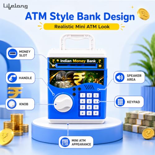 Image of Lifelong Cuppy ATM Money Bank (Blue) for Kids | Digital Money Bank with Light, Sound & Cash Coin Slot | Password Protected Electric ATM Machine | AAA Battery Operated Musical Piggy Bank Toy for Kids