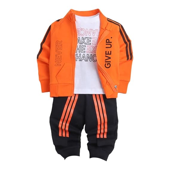 Baby Boys Cotton Text Print T-shirt, Jacket and Jogger Set in Orange Color