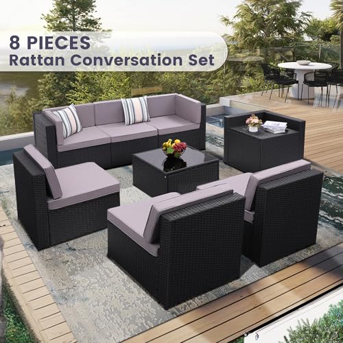 Image of KROFEM 8 Piece Patio Furniture Set, Outdoor Modular Conversation Set, Grey | UV Treated Wickers, Machine Washable Cushions, Seats 6, 2 Hidden Storage Compartments, Rustproof Frame, Waterproof