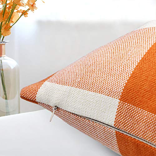 4Th Emotion Set Of 2 Farmhouse Buffalo Check Plaid Throw Pillow Covers Cushion Case Polyester Linen For Fall Home Decor Orange And White, 18 X 18 Inches #TOP2