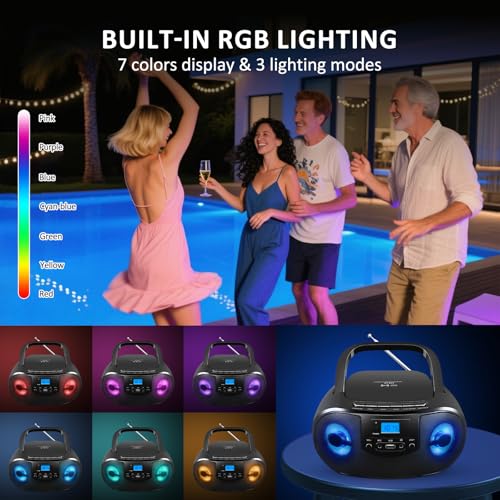 Image of Portable CD Player Boombox with FM Radio, Top Loading CD Stereo Boom Box for Home, Bluetooth, Remote Control, LED Light, Headphone /Mic Jack, Support CD-R /RW /MP3-CD, USB, LCD Display, Black