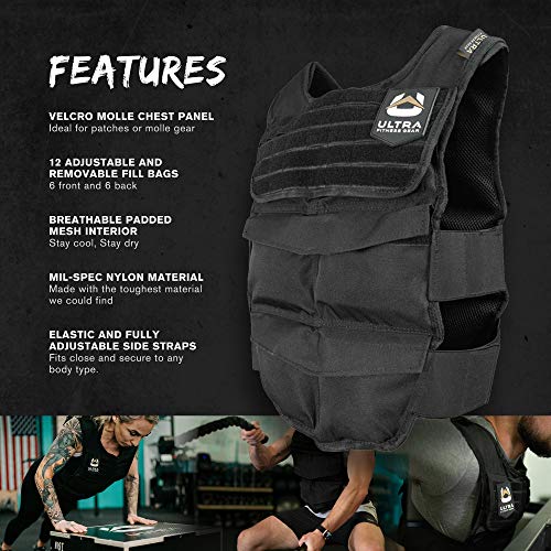 Ultra Fitness Gear Breathable Exercise Weighted Vest, 12 to 48 lbs Capacity, with Full Molle Webbing Chest Panel and Secure Straps, Weighted Workout Vest for Men and Women, Black