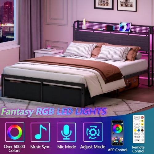 Furnulem Queen Bed Frame with Storage Headboard,Charging Station,2 Drawers - 3