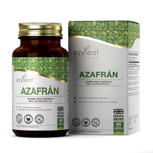 EZ Azafrán Suplemento | 60 Cápsulas de Azafran de Alta Potencia - 200mg de Extracto de Azafrán Capsulas por Porción | Sin OGM, Gluten, y Alérgenos | Hecho en el Reino Unido