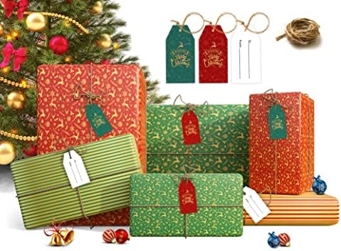 Christmas wrapping paper sheets 12/24 pcs- 70x50cm 4 kraft designs with tags and long Jute thread - Xmas roll/sheets - recyclable luxury paper for gift packing, by Giftinghouse (12)