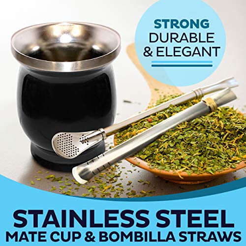 Upgraded Yerba Mate Natural Gourd/Tea Cup Set (Original Traditional Mate Cup - 8 Ounces) | Includes 2 Bombillas (Yerba Mate Straws To Use) & Cleaning Brush | Stainless Steel | Double-Walled #TOP1