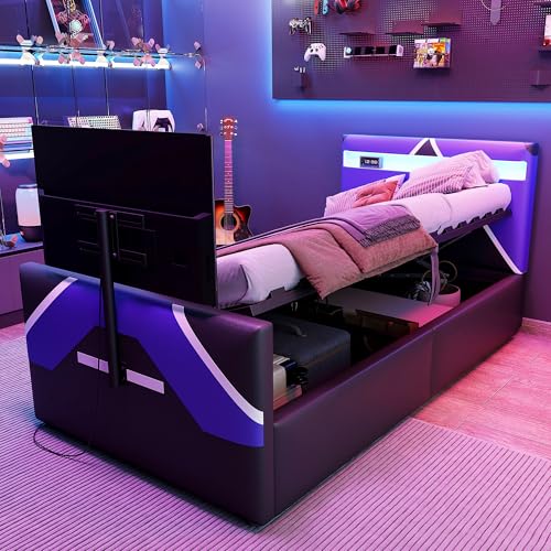 Hmdpoo Cama Infantil 90x200 cm Estilo E-Sport, Tapizada en Cuero PU Negro, Almacenamiento Hidráulico y Soporte TV Integrado