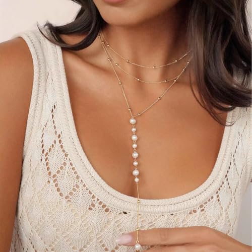 Ettika Lariat Necklace for Women. Gold Drop Necklace, Necklaces for Women. 18K Gold Plated Coastal Pearl Y Necklace. Jewelry2