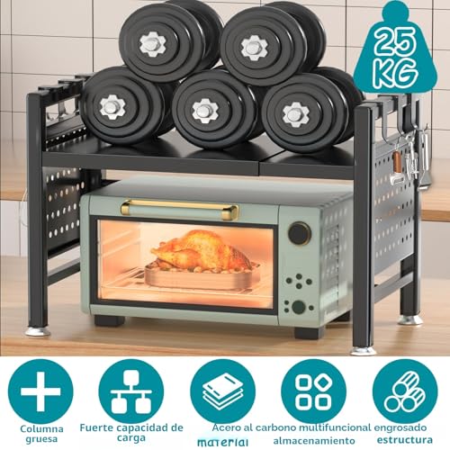Miniatura 7 de Bbltiff Soporte Extensible Para Microondas De 2 Niveles, Soporte Microondas Extensible 40-65cm, Estante Microondas, Mueble Para Microondas Con Soporte Para Tabla De Cortar, 6 Ganchos Negro
