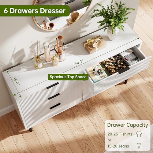 GarveeHome White Fluted 6 Drawer Dresser, Wide Wood Double Dresser with Metal Legs and Handles, Modern Chest of Drawers with Anti-Tipping Design for Bedroom Living Room Hallway