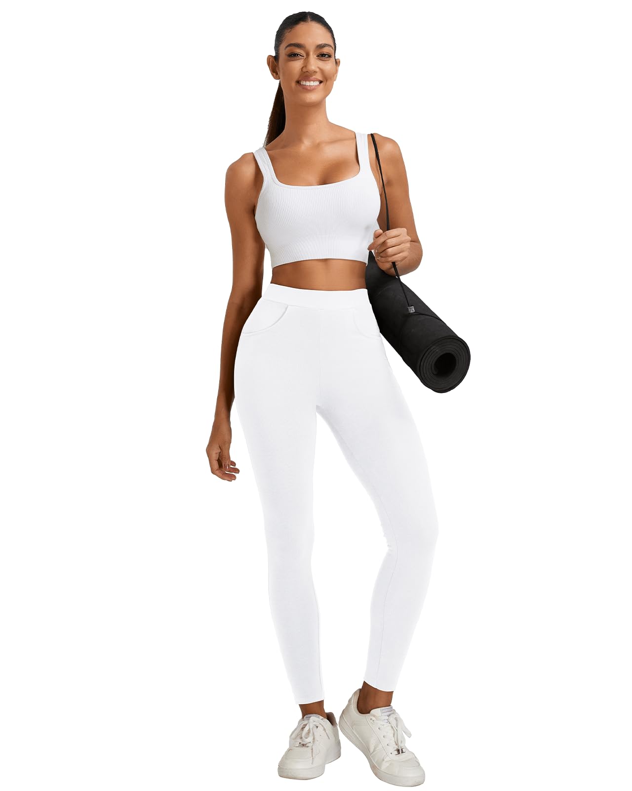 Damen Leggings aus Baumwolle mit Taschen, Blickdichte Lang Leggins für Damen Stretch Bequeme