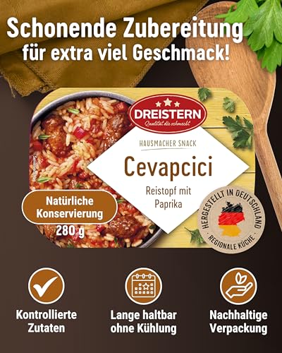 DREISTERN Cevapcici 280g I Mit Paprika & Reis I Herzhaftes Fertiggericht in Mikrowellenschale I Lange Haltbarkeit dank natürlicher Konservierung I Hausmacher Qualität – Bild 3