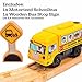 Motorized School Bus for Wooden Track - Yellow Schoolbus Themed Battery Operated - Includes Wooden Bus Stop Sign - Electric Powered Engine Toy for Wood Track for Kids