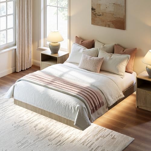 Image of Evermagin Oak Queen Floating Bed Frame with led Lights, Fluted 14In High Platform Bed No Headboard, Heavy Duty Mid Century Modern Float Metal Bedframe, No Box Spring Needed (Oak, Queen-14in high)